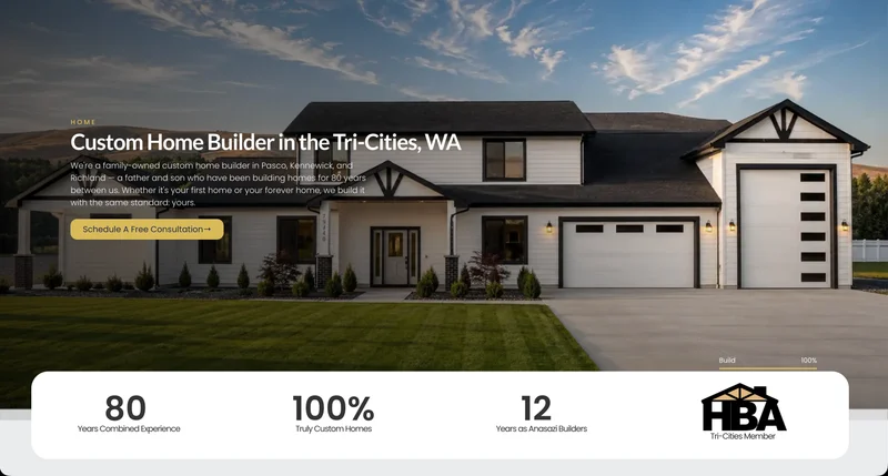 Web de Anasazi Builders con una vivienda terminada y una invitación a consultar por un proyecto