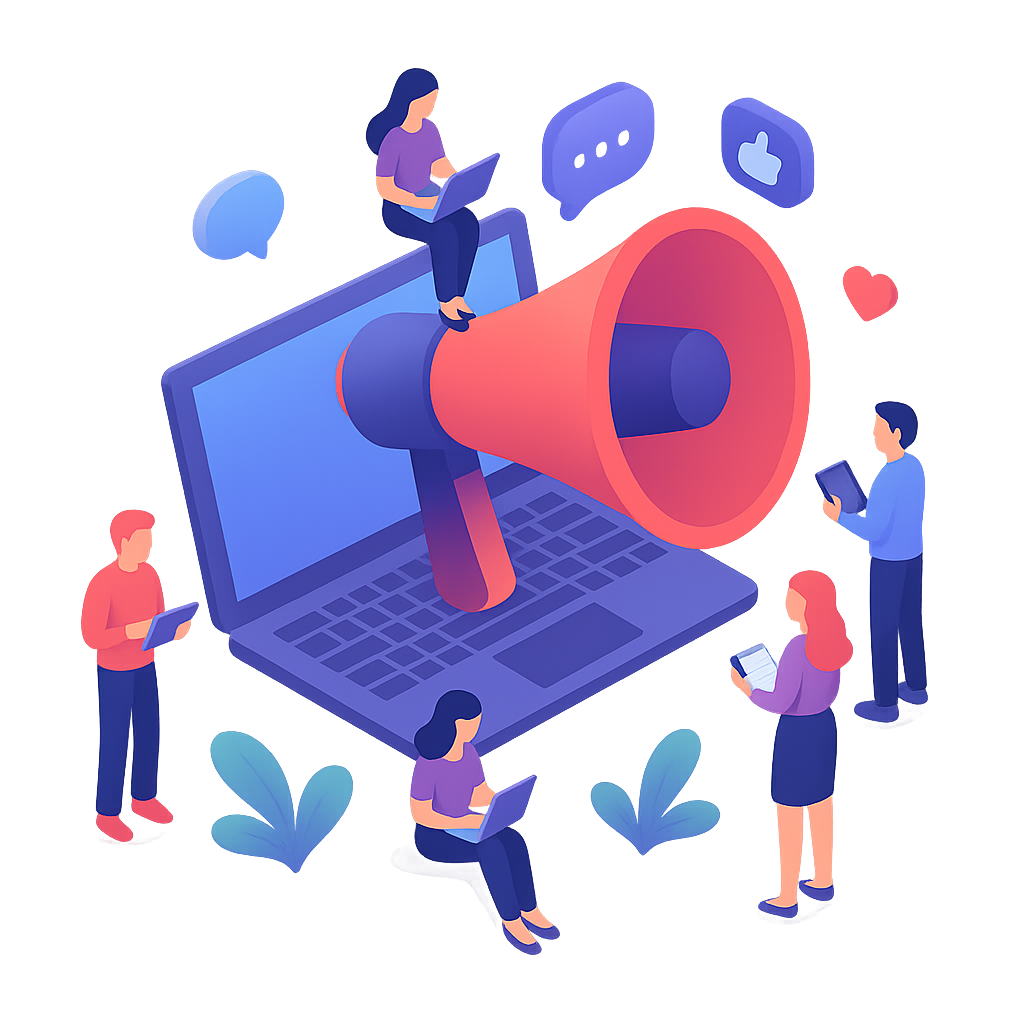 Laptop with megaphone and people creating content.