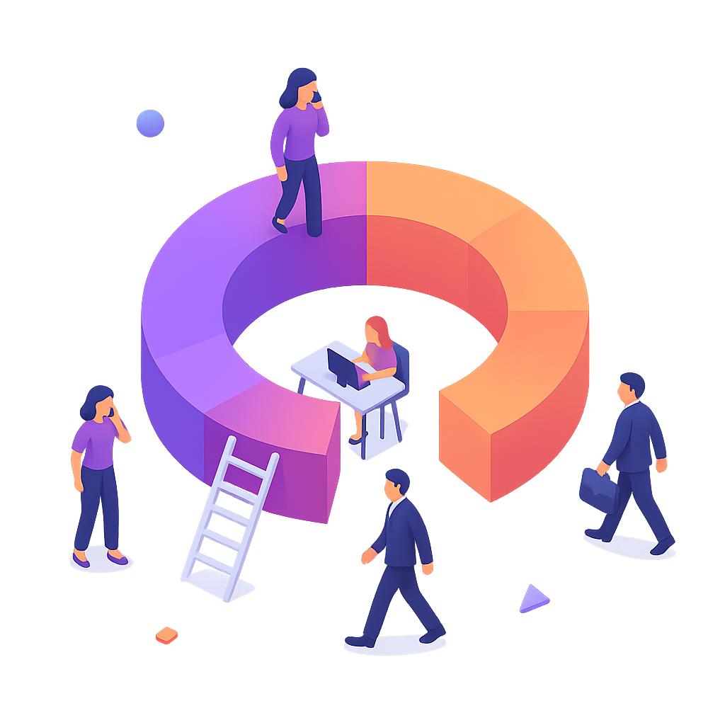Team collaborating around a 3D circular chart.